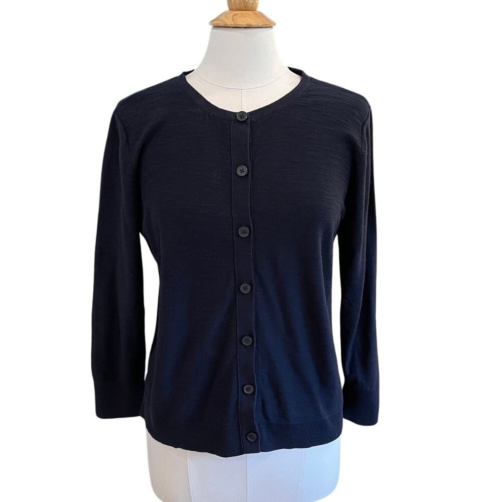 Ann Taylor LOFT Navy Blue Crew Neck Cardigan Sweater, Minimalist, Size L